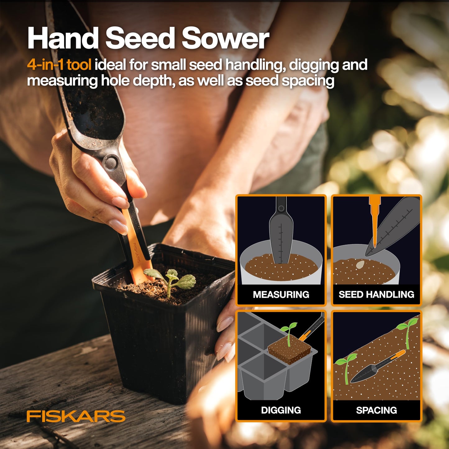 Fiskars Vegetable Gardening Essentials 6-Piece Tool Set for Cultivating, Serrated Stainless Steel Shears & 4-in-1 Seed Sower for Planting, Rust-Resistant Steel Trowel, Cultivator, Weeder, L/XL Gloves
