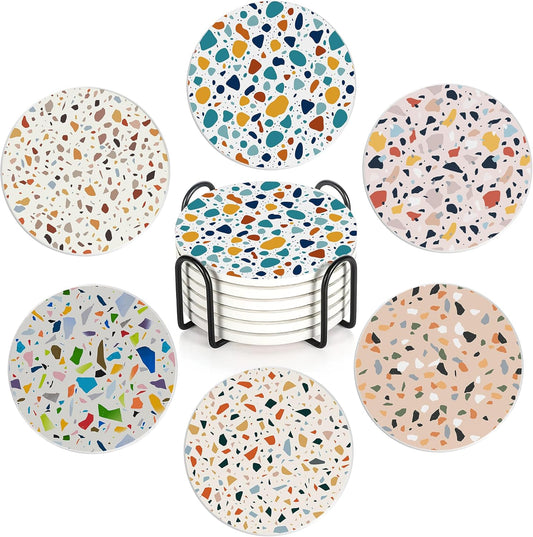 6 Pcs Coasters for Drinks with Holder, Terrazzo Marble Absorbent Ceramic Coasters with Cork Base,Cute Funny Table Drinks Coasters Tabletop Protection Mat,Table Home Decor,4 Inches