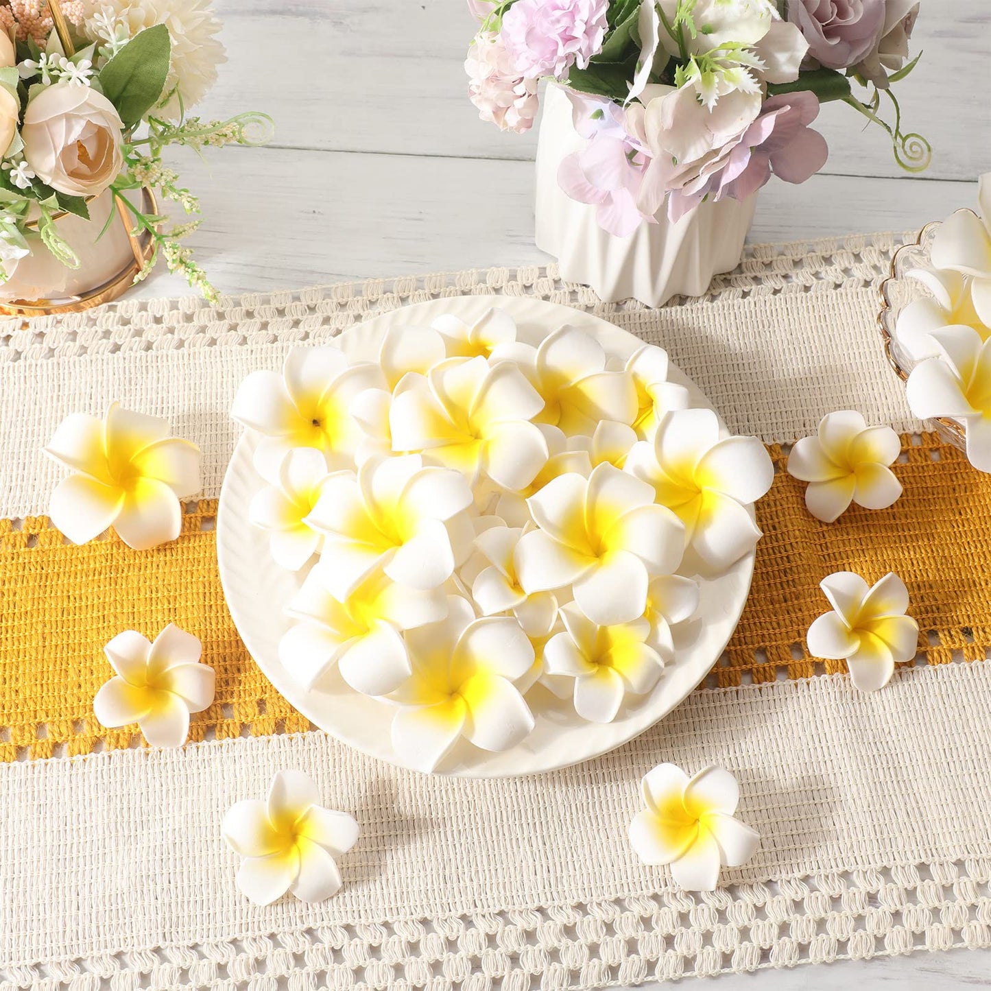 Crowye 160 Pcs Artificial Plumeria Flower Hawaiian White Foam Frangipani Petals Cap Hair Hat Wreath Floral DIY Craft for Home Beach Wedding Party Decoration (1.6 Inch,2.4 Inch,3.2 Inch)