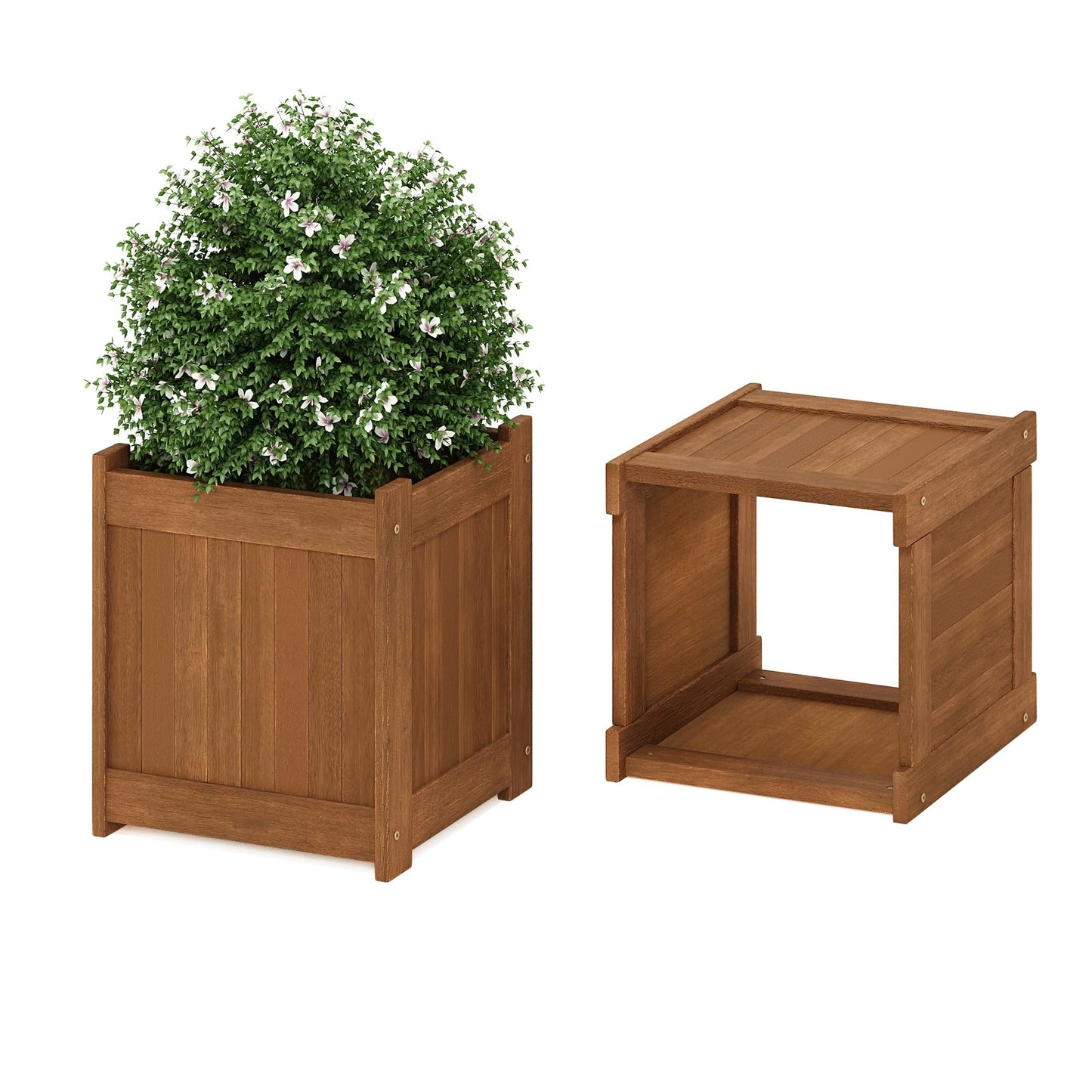 Furinno TIOMAN Planter Box, Hardwood Flower Box, Cube Garden Box, in Teak Oil, Outdoor Indoor, Garden, Patio, Balcony, Light Wood