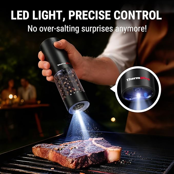 ThermoPro Electric Salt and Pepper Grinder Set Rechargeable, 110ml Automatic Pepper Grinder Shakers with 6 Levels External Adjustment, Refillable Pepper Mill Set with LED for New House Warming Gifts