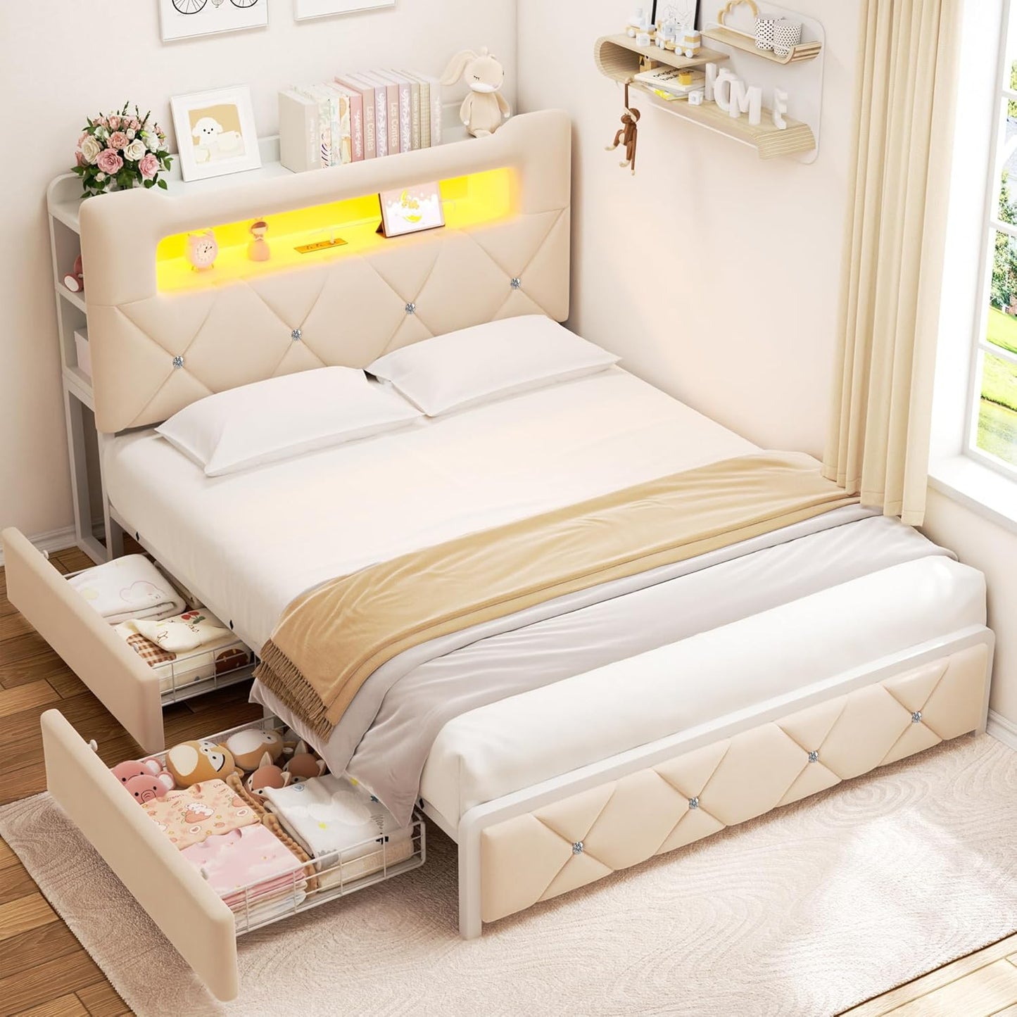 Full Upholstered LED Bed Frame with 2 Storage Drawers and 2-Tier Storage Headboard, Velvet Princess Platform Bed with Charging Station & Bookcase, Corner Bed Frame, Heavy Duty Metal Support, Beige