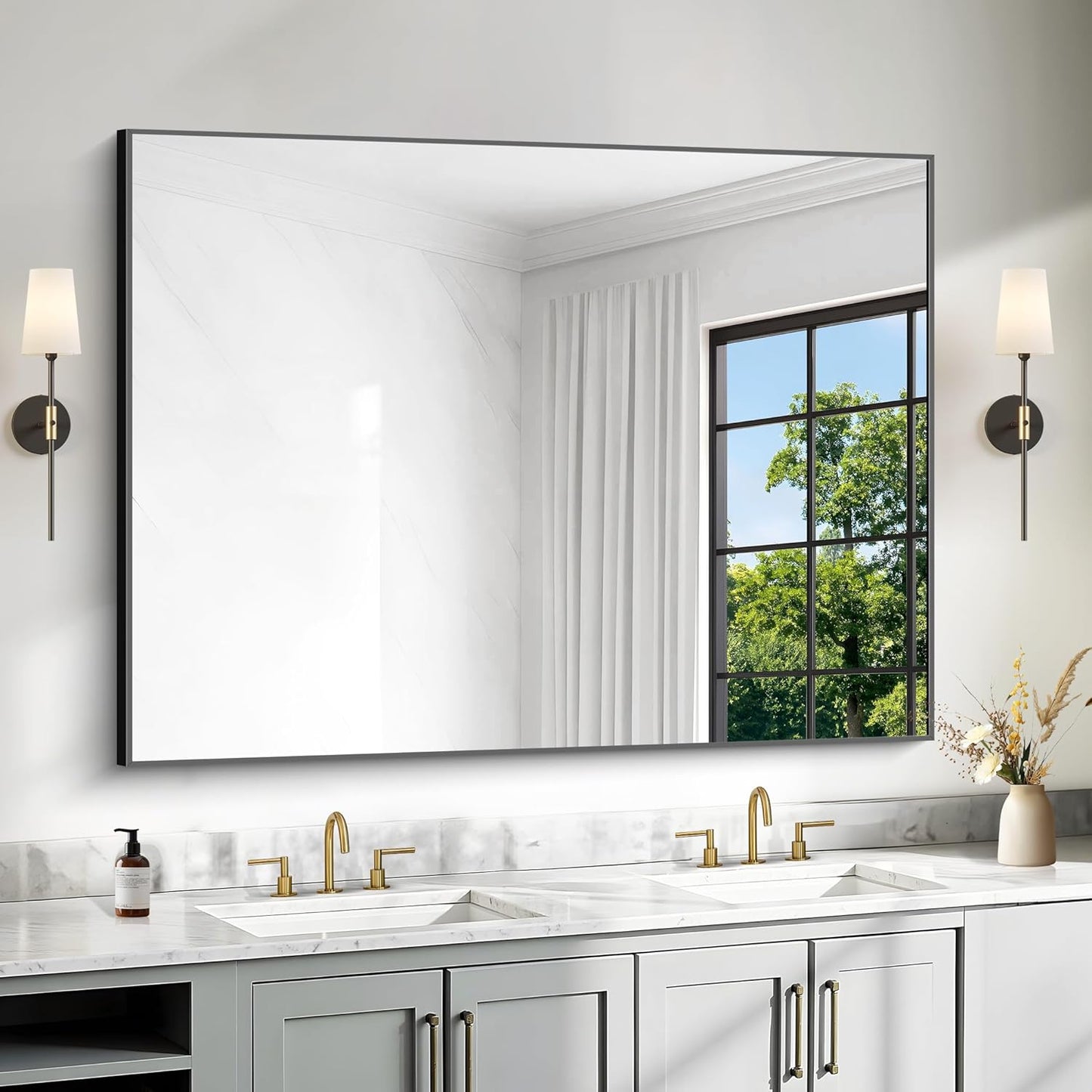36x48 Inch Black Rectangle Mirrors for Wall, Large Bathroom Mirror for Over Sink, Black Framed Rectangular Mirror for Living Room Bedroom Bathroom, Hangs Horizontally or Vertically
