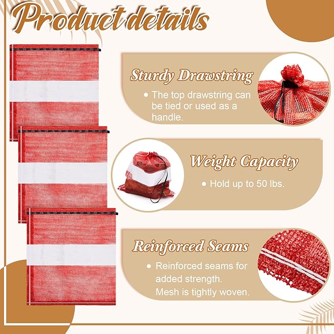 60 Pcs Onion Bags Reusable Mesh Produce Storage with Drawstring Firewood Bags Onion Potato Storage Sacks for Garden Vegetable Fruit Produce Packaging Supplies (22 x 24 Inch)