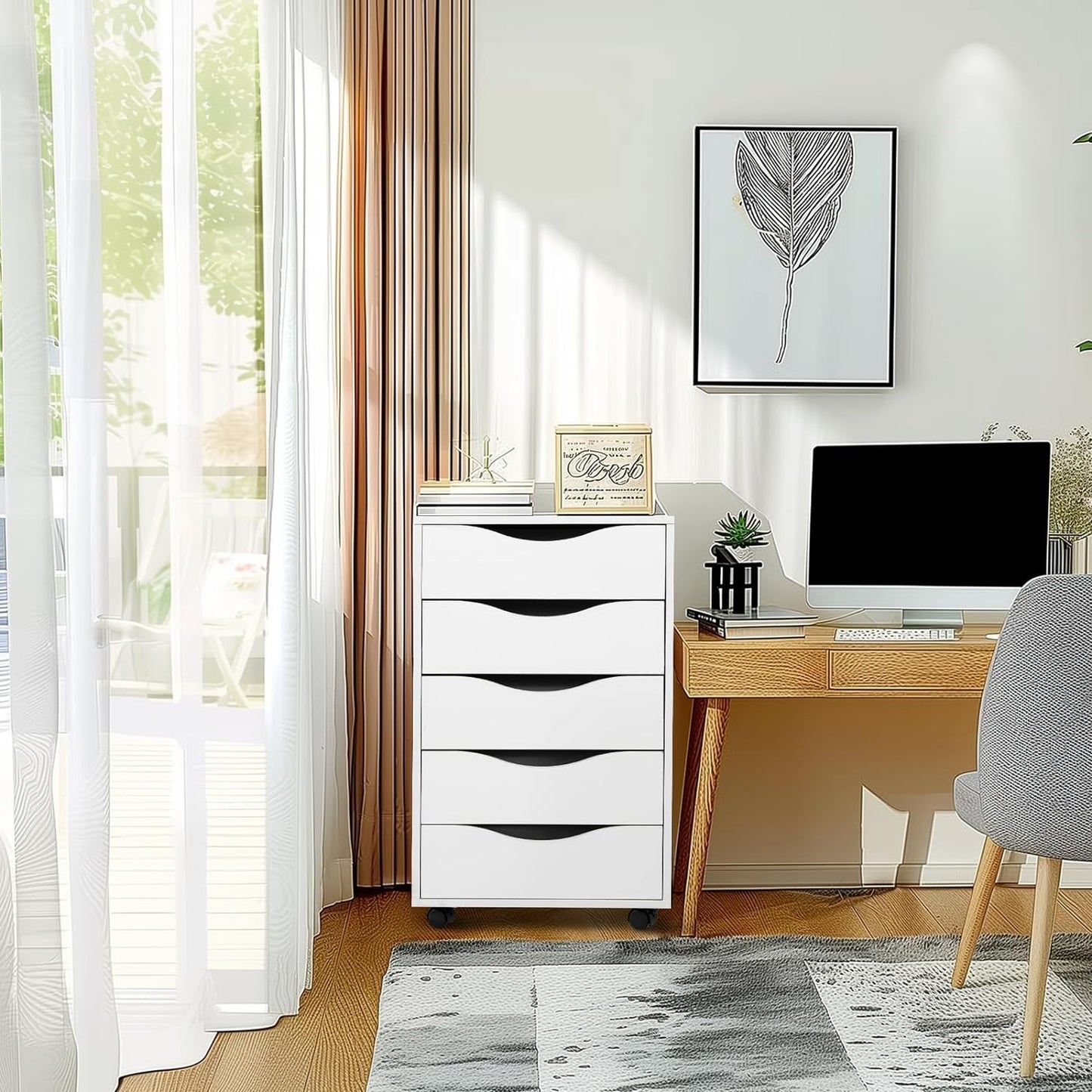 QDSSDECO 5 Drawer Chest Wood File Cabinet Rolling Storage Dresser with Wheels for Home Office, White