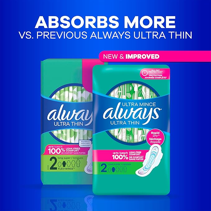 Always Ultra Thin Pads with Wings, Size 1, Regular, 126 Count (3 Packs of 42)