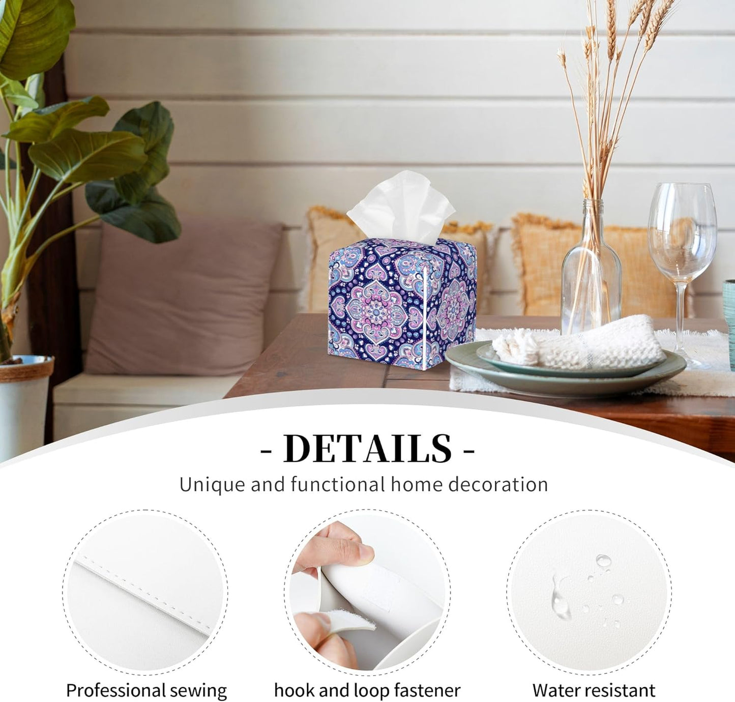 Boho Mandala Flower Tissue Box Cover Square,Indian Paisley Floral Tissue Box Holder Waterproof Leather Facial Paper Organizer Dispenser for Bathroom Home Car Nightstand Vanity Desk