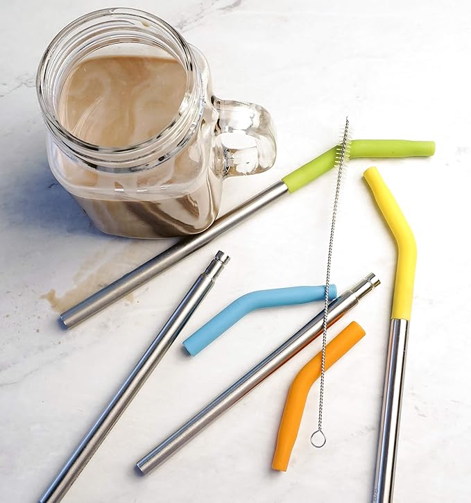 RSVP International Endurance Stainless Steel w/ Silicone Tip Straws, 9 Inch, | Reusable & Multi-Color | BPA-Free Silicone | For Smoothies, Frappes, Sodas, Tea & More | Dishwasher Safe