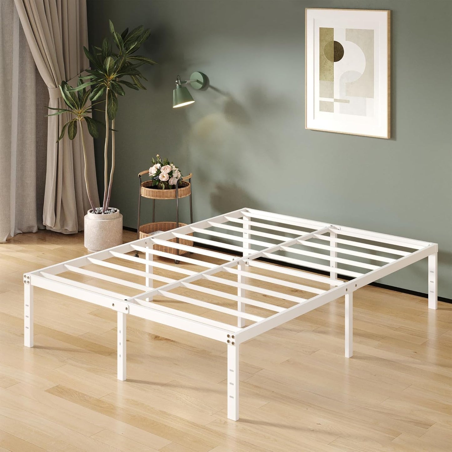 16 Inch White California King Bed Frames No Box Spring Need, Platform Cal King Bed Frame with High Storage, Eassy Assembly 3,500 lbs Heavy Duty Bedframes