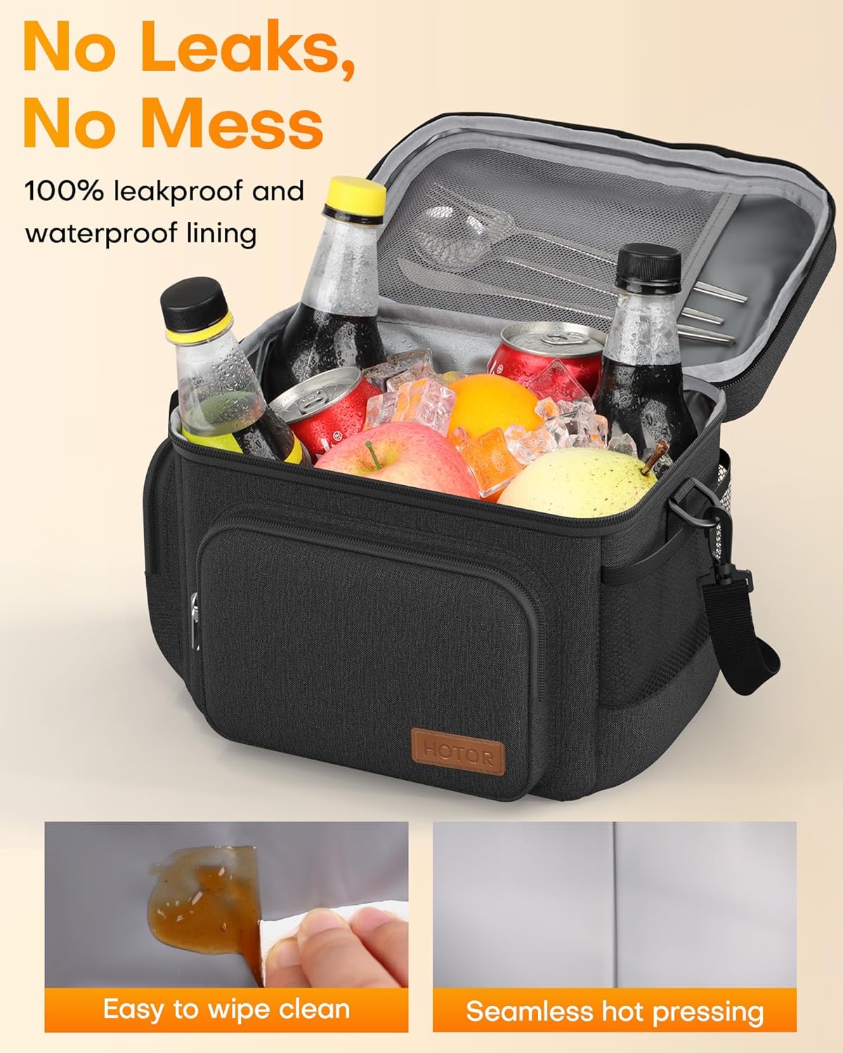 HOTOR Lunch Box for Men and Women - Leak-Proof Insulated Lunch Cooler Bag with Adjustable Strap, Multiple Pockets for Office, Picnic, Hiking, Beach, 1 Layer, 25L, Black, 15.0" x 11.0" x 12.2"