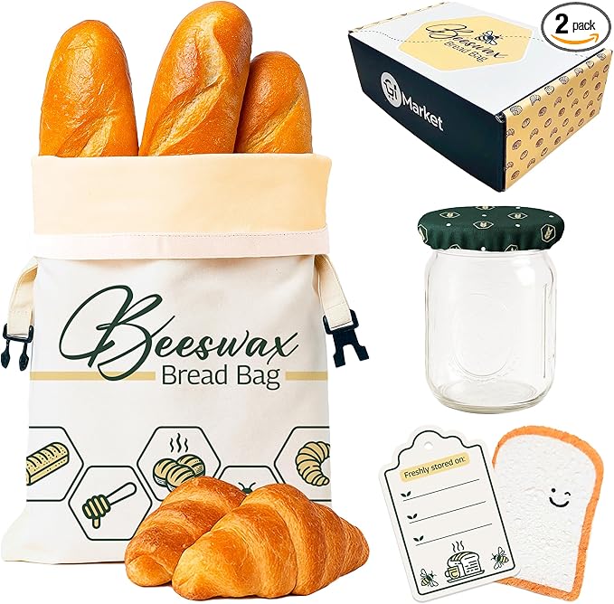 2pack Beeswax Bread Bag for Homemade - Reusable Beeswax Bread Bags for Sourdough Linen Freezer Bags - Storage for Fresh sourdough