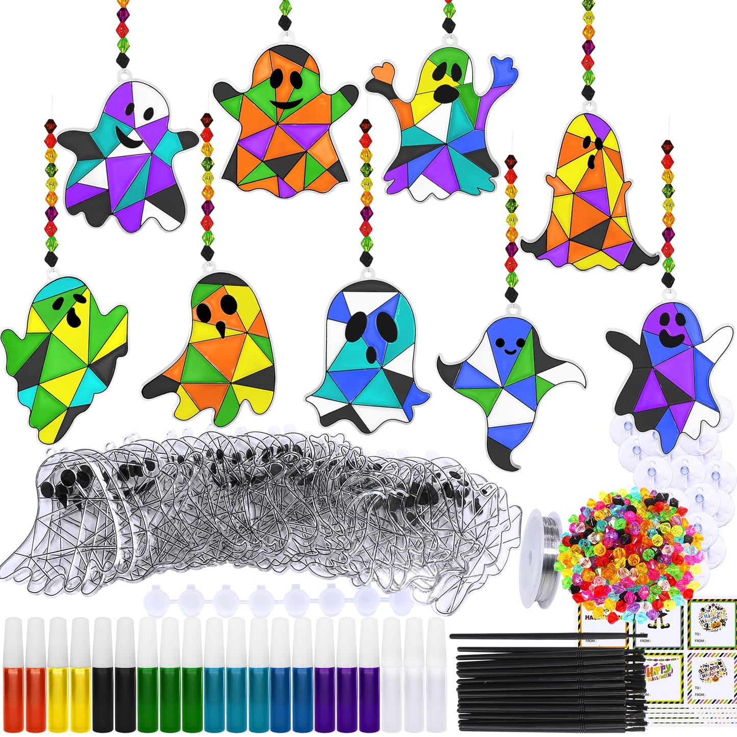 Winlyn 27 Sets Halloween Ghost Suncatchers Ornaments Decorations DIY Window Paint Art Sun Catchers Halloween Craft Kits Painting Kits for Kids Classroom Activities Art Projects Part Favors