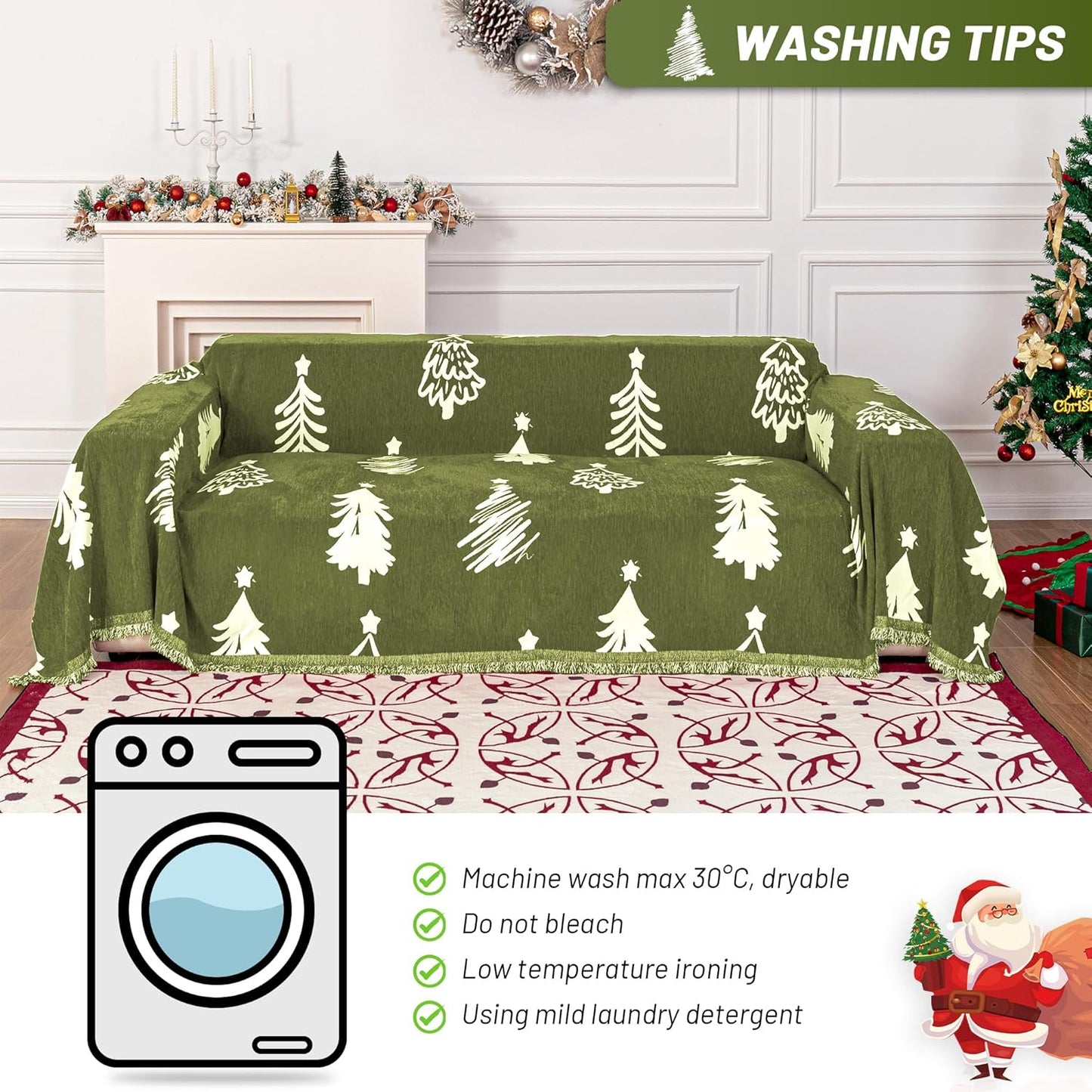 MYSKY HOME 71"X102" Chair Christmas Couch Cover, Sectional Sofa Covers Sofa Slipcover for 1 Cushion Couch, L Shape Couch Covers for Dogs, Kids, Washable Sofa Blanket, Furniture Protector, Green