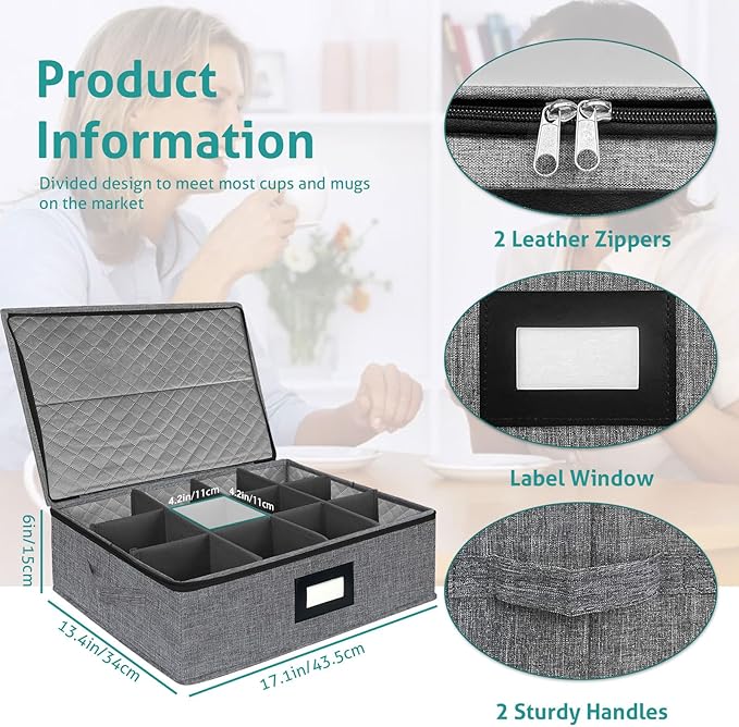 VERONLY Mug and Cup Storage Box with Dividers, Coffee Mug Storage Case China Storage Containers Hard Shell with Lid and Handles, Stackable for 12 Coffee Mugs, Tea Cups, Moving & Packing (Dark Grey)