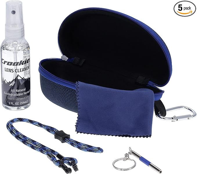 Croakies Eyewear Care Kit with 1(2oz) All Natural VOC Free Lens Cleaner + (1) Hard Case + (1) Microfiber Cloth + (1) Eyewear Retainer + (1) Repair Tool (Blue)