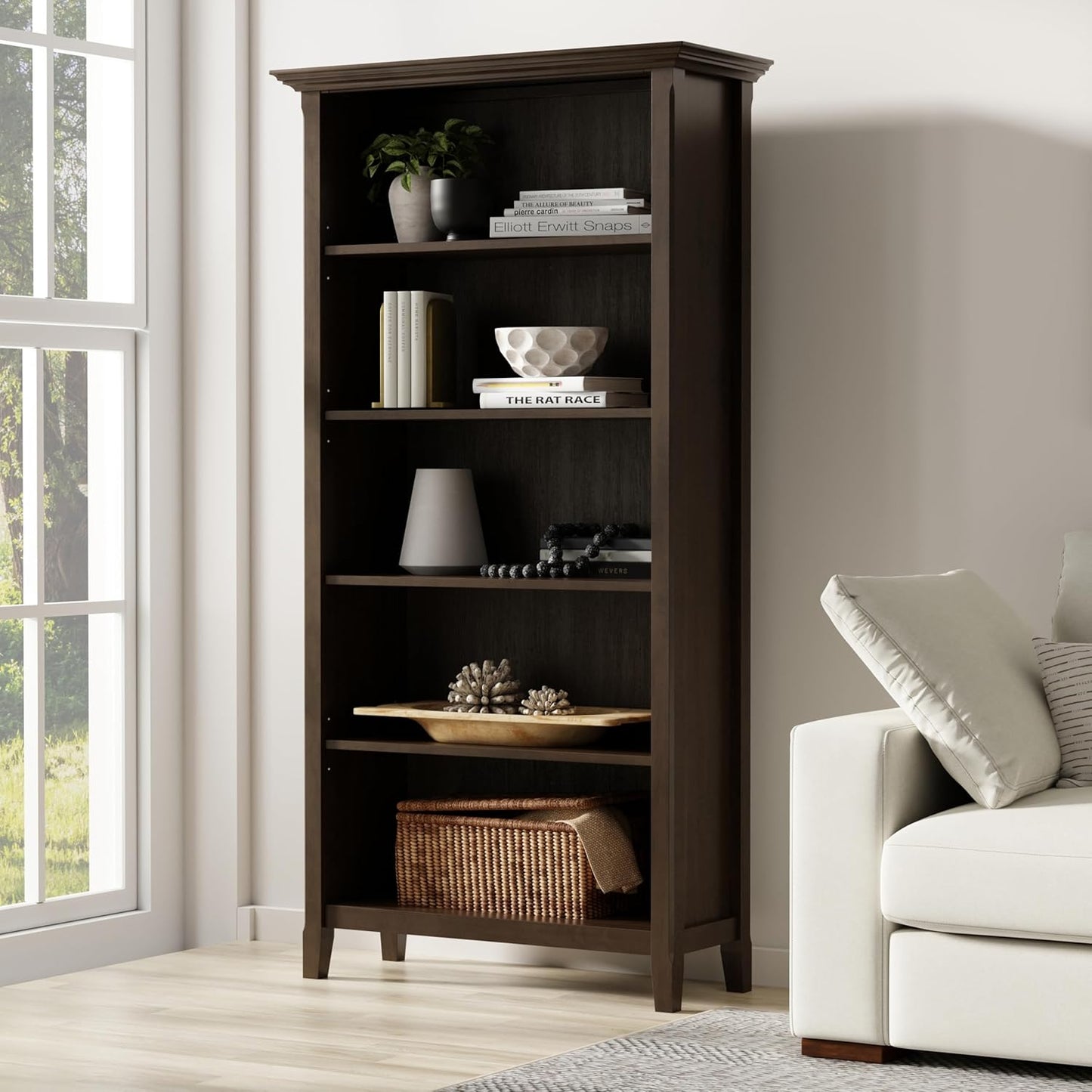 SIMPLIHOME Amherst Bookcase - 70 inch Tall 5-Shelf Solid Wood Bookshelf in Hickory Brown, Transitional Storage for Living Room, Study Room or Office with Adjustable Shelves and Tapered Legs