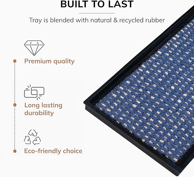 Anji Mountain Heavy Duty Waterproof Rubber Shoe Storage Mat Organizer/Boot Storage Tray Multi Use for Entryway with Coir, Blue and Ivory Insert, Fits 3 Pair (34.5" Wide)