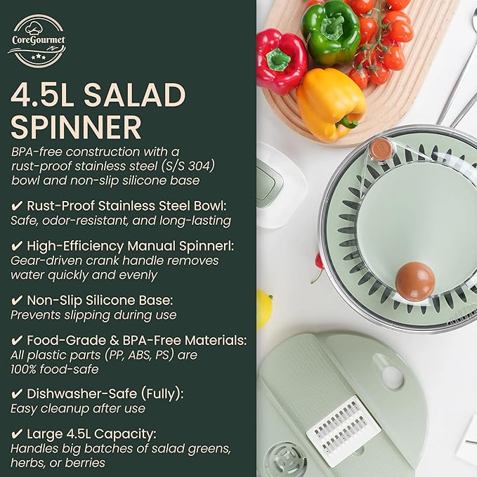 Stainless Steel Salad Spinner 5 Qt, Vegetable & Fruit Washing Bowl with Strainer, ABS & Stainless Steel, lettuce Dryer with Double Drain Holes, Quick Spin for Greens, Easy Grip, Non-Slip Base