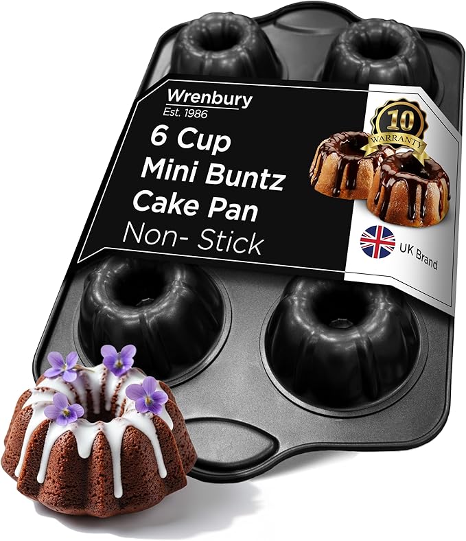 Wrenbury Nonstick Mini Buntz Cake Pan Non Stick for Baking - 6 Cup Bundlette Fluted Cake Tin for Small Cakes - PFOA Free and Dishwasher Safe - 3.75” Cup Width