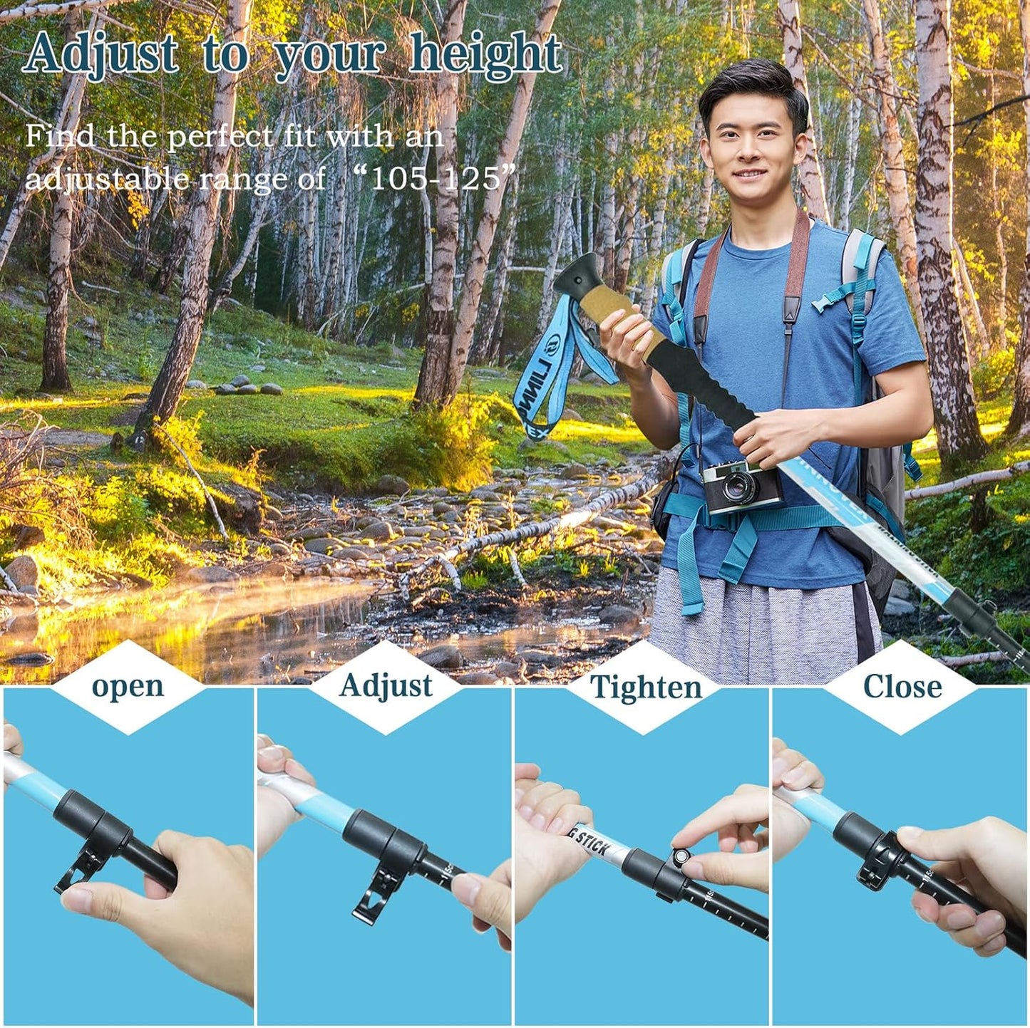 Trekking Poles - Lightweight, Collapsible, Adjustable Hiking Poles with Quick Flip Lock, 7075 Aluminum, Natural Cork Grip, Anti Shock Walking Sticks for All Terrain, Men and Women, 2 Pack