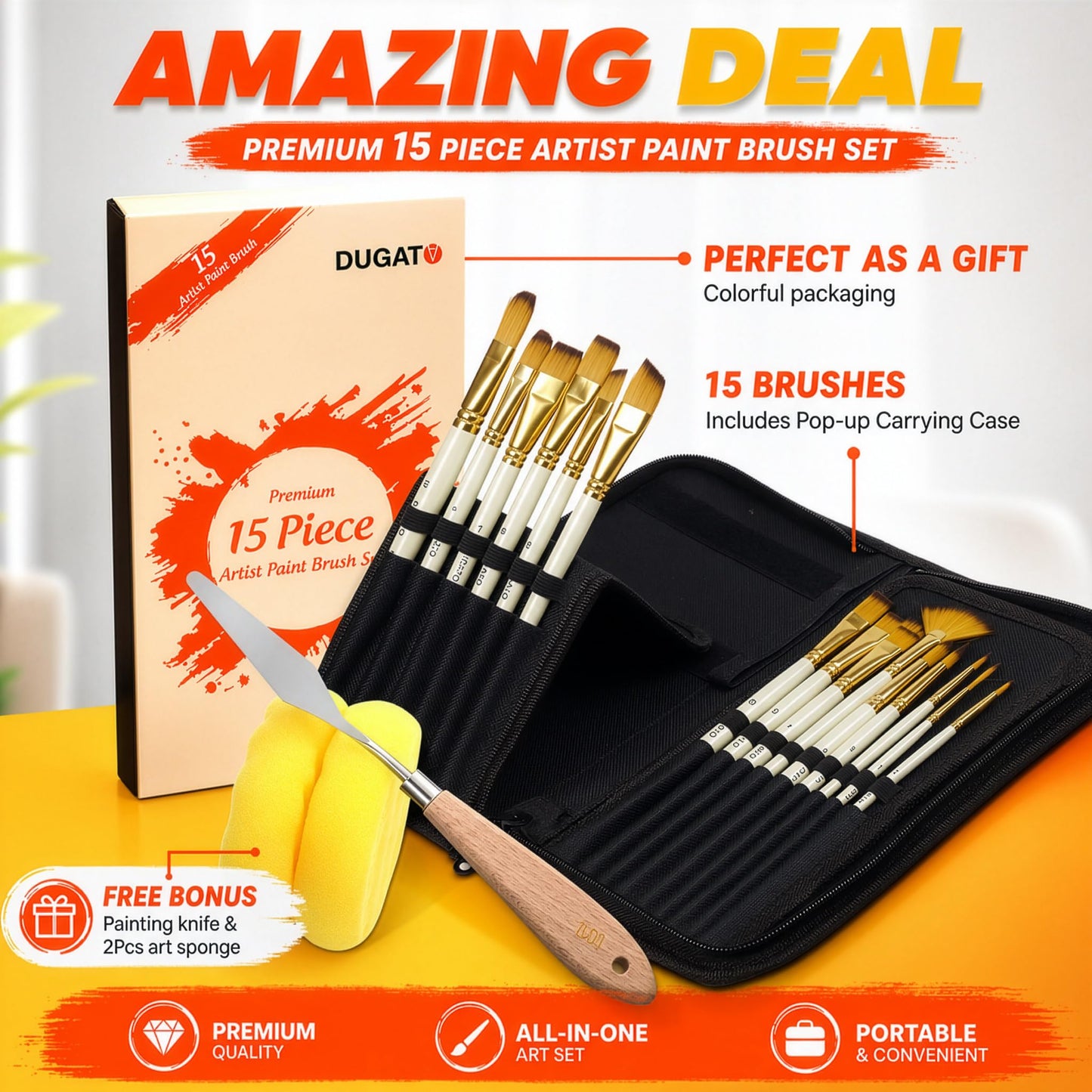 DUGATO 15pc Artist Paint Brush Set with Pop-Up Case, Palette Knife & Sponges - Nylon Hair for Acrylic, Oil, Watercolor, Gouache, Model & Craft Painting