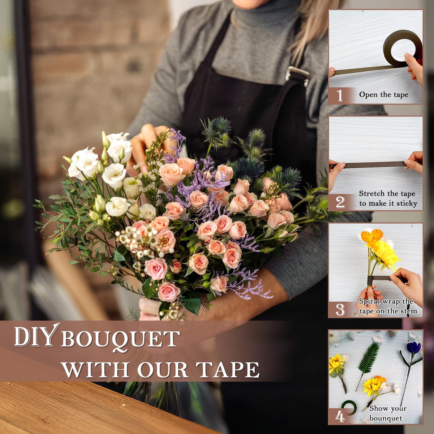 COIDEA 8 Packs Floral Tape, 1/2" Wide Flower Tape, Brown Floral Tape for Fresh Flowers, Adhesive Florist Tape for Floral Crafts, Bouquet Floral Arranging Stem Wrapping, Wedding Bouquet, 30Yard