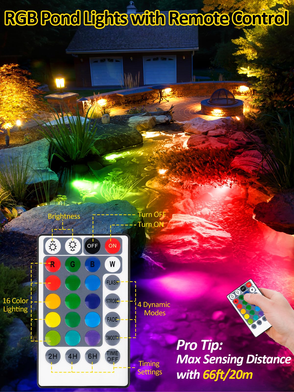 T-SUN Pond Lights LED Underwater 16 Colors with Timer Remote Control IP68 Waterproof Dimmable Submersible Fountain Lights Outdoor Spotlight for Fish Pond Garden Yard Aquarium Pool