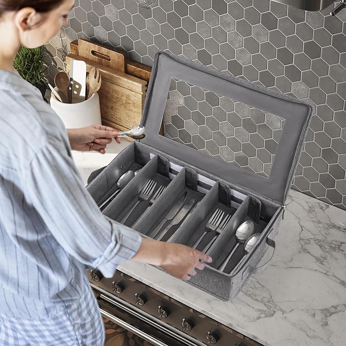 Flatware Utensil Storage Case, Silverware Storage Box Chest with Adjustable Dividers, Cutlery Storage Holder with Zipper Lid for Organizing Cutlery, Flatware, Knives, Large Capacity Gray