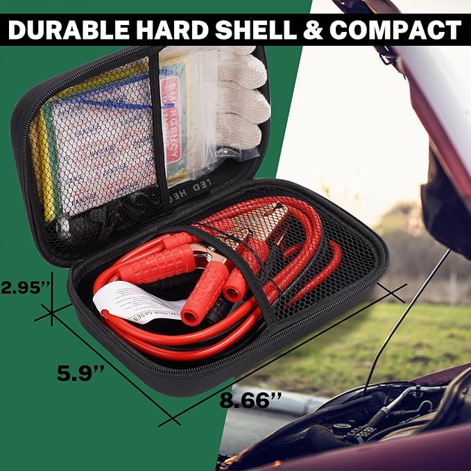 Car Emergency Kit with Battery Jumper Cables,Car Accessories for Men or Women,Emergency Car Kit,Roadside Automotive Safety Kit for Car,Vehicle,Truck or SUV,Gifts for Men or Him,Black