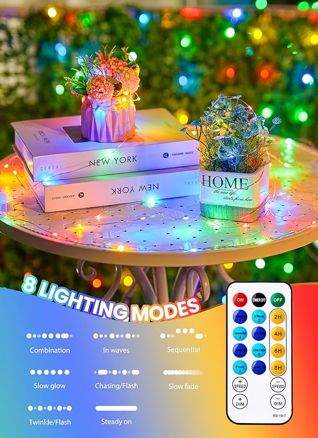 Minetom Fairy Lights with Remote, 66 Feet 200 Led Firefly String Lights Plug in for Bedroom Home Wall Ceiling Christmas Tree Wreath Craft Wedding Party Indoor Outdoor Decoration, Multicolor