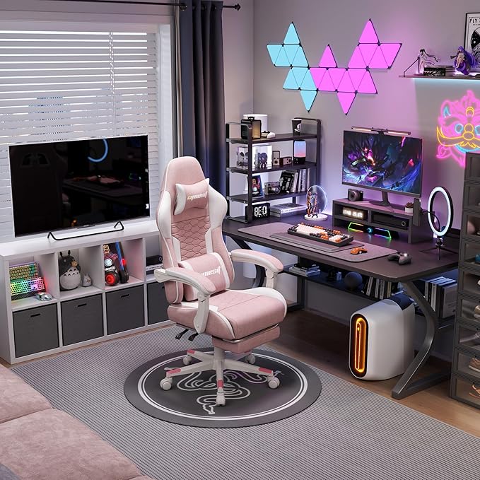Gaming Chair, Fabric Computer Chairs with Lumbar Support and Massager, Ergonomic Office Chair with Footrest & Pocket Spring Cushion, Bearing 400 LBS（Pink）