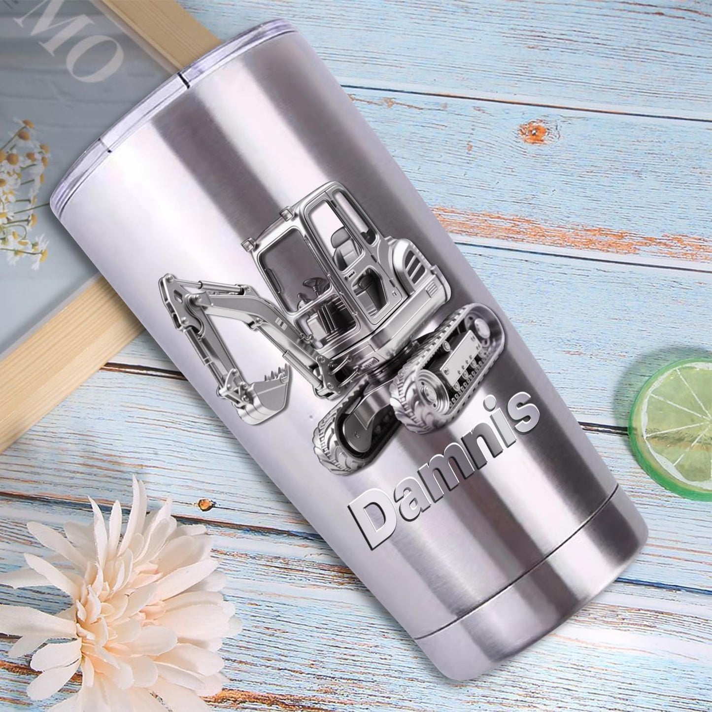 Personalized 3D Excavator Stainless Steel Silver Tumbler Mug for Kids Boys, Custom Name Excavator Tumbler Mug for Construction Lover, Kids Boy Birthsday Gift
