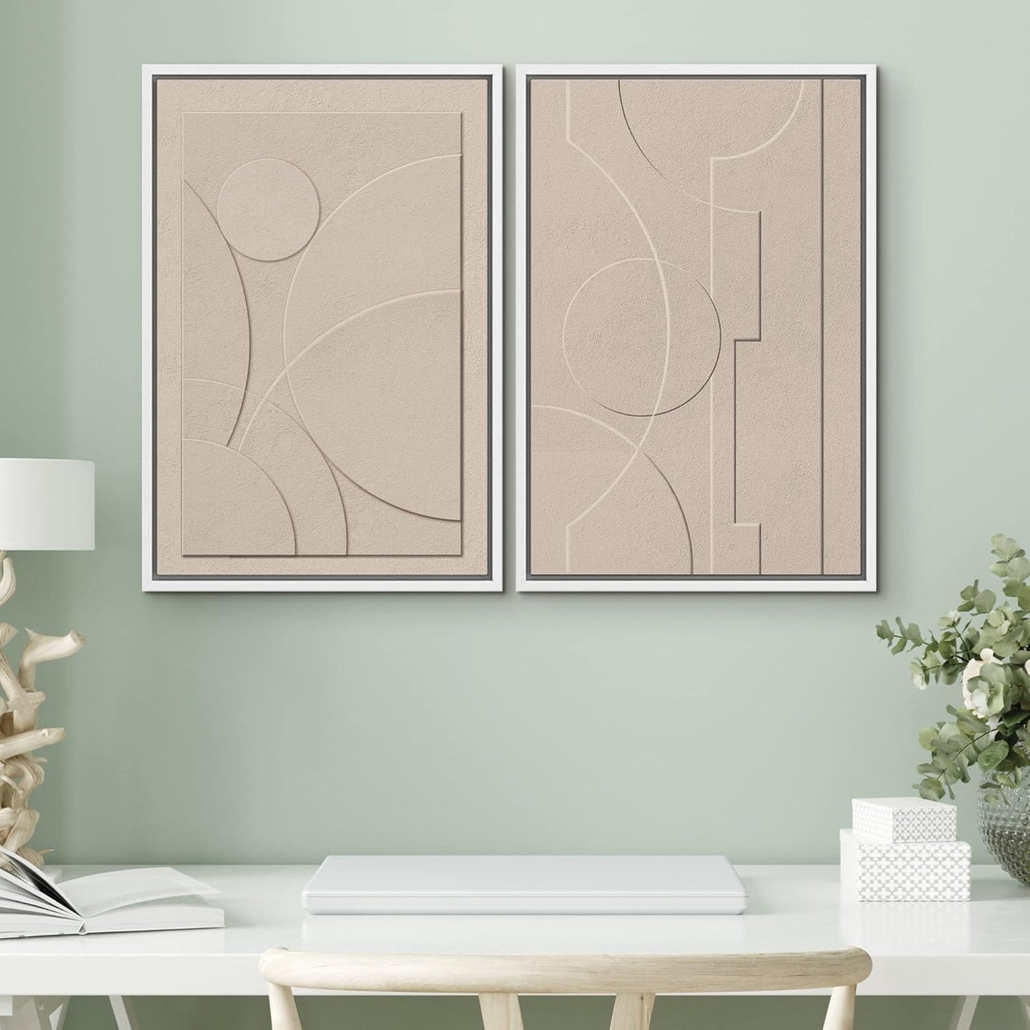 SIGNWIN Framed Canvas Print Wall Art Set Art Deco Geometric Polygon Collage Abstract Shapes Illustrations Minimal Decorative Boho Nordic Relax for Living Room, Bedroom, Office - 16"x24"x2 White
