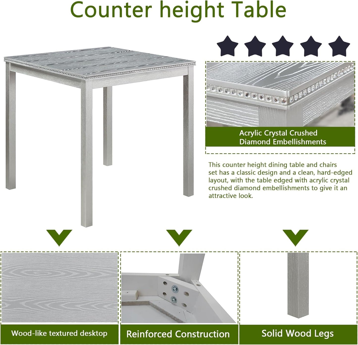KEIKI 5-Piece Counter Height Dining Table Set with Square Table and 4 Upholstered Chair, for 4 Person, Classic Crystal Decoration Wooden Table Set, Easy Assembly, for Kitchen, Dining Room, Silver Grey