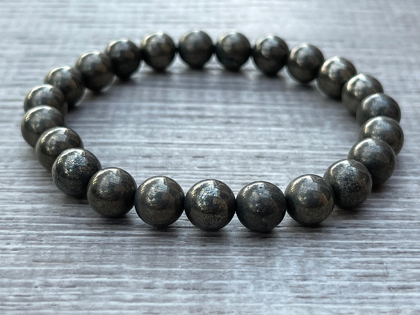 GAF TREASURES Pyrite Crystal Bead Bracelet 8mm, Genuine Pyrite Stretch Gemstone Bracelet, Healing Crystal Bracelet, Gift for Men & Women (1)
