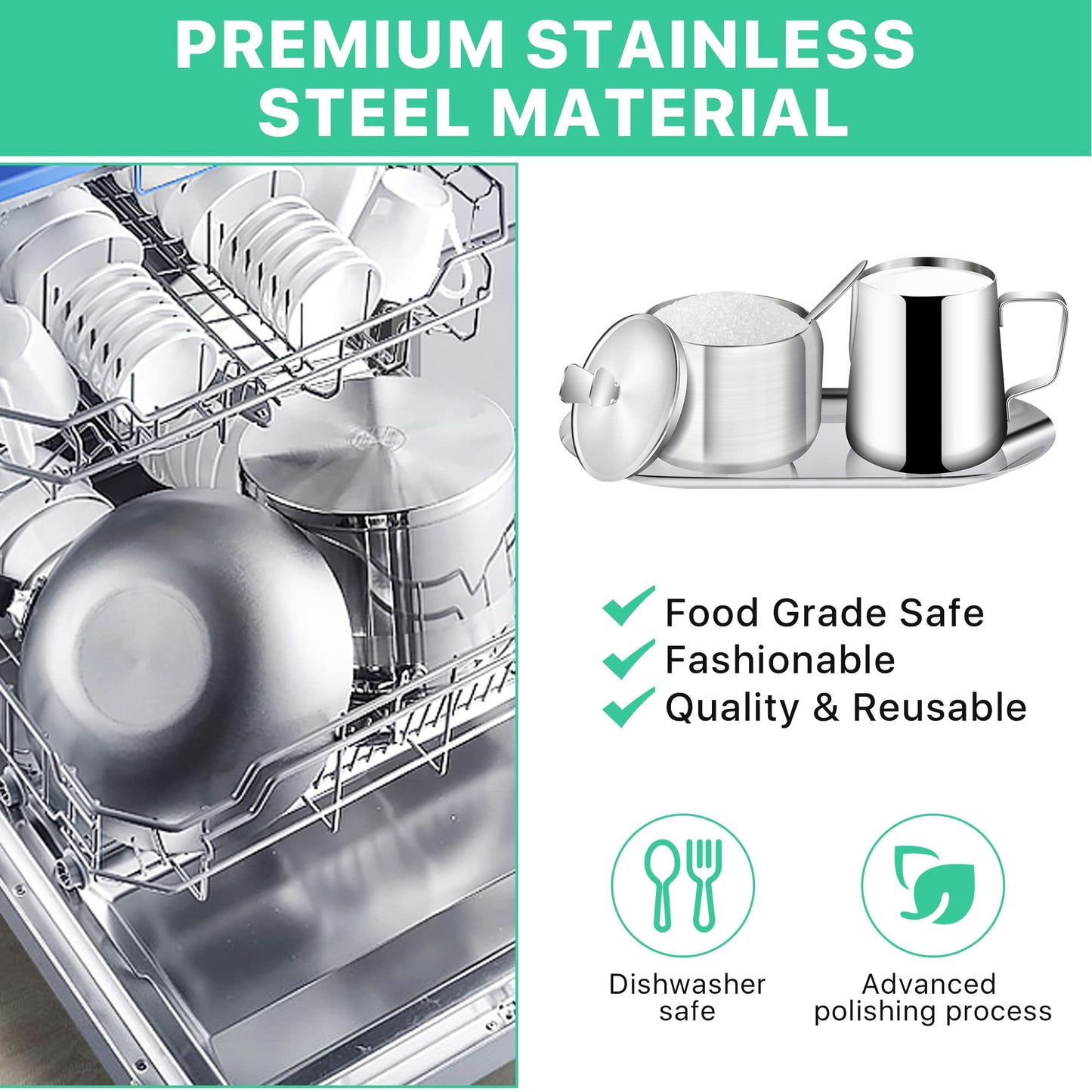 Worldity Stainless Steel Sugar and Creamer Set, Coffee Sets for Serving, Latte Milk Cup Cream Jug and Sugar Bowl with Lid Spoon Tray for Coffee Bar