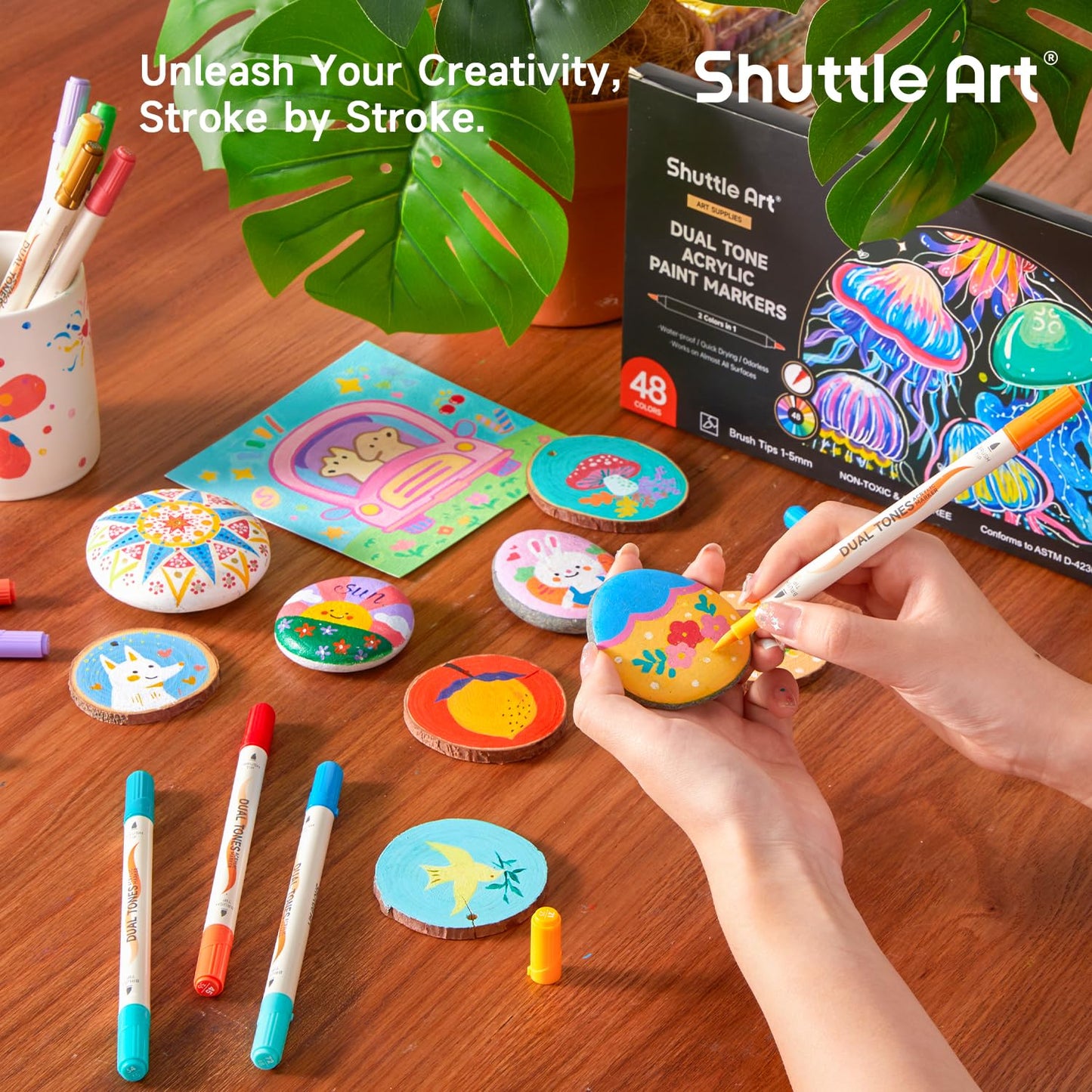 Shuttle Art 48 Colors Dual Tone Acrylic Paint Markers, 24 Pack Acrylic Paint Pens Set for Rock Painting, Ceramic, Wood, Canvas, Glass, Stone, Fabric, Card Making, DIY Crafts & Art Supplies