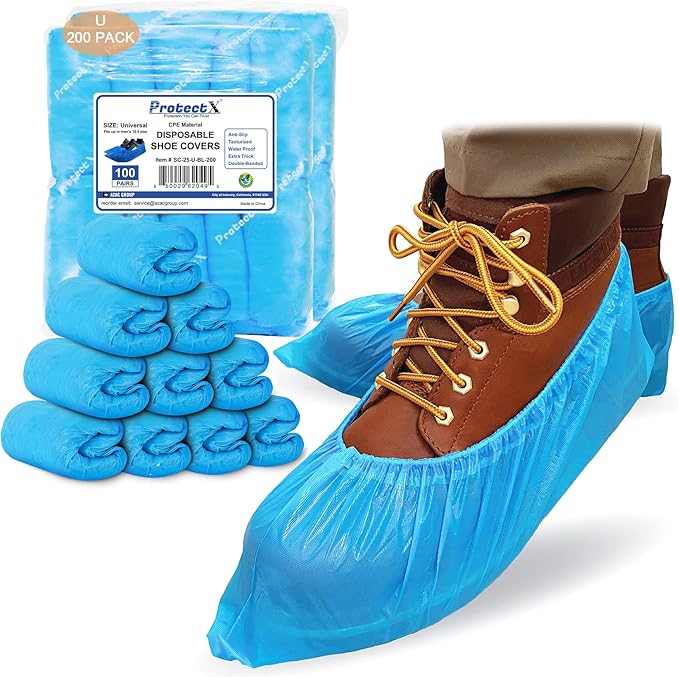 ProtectX Disposable Shoe & Boot Covers, 200-pack (100 pairs), Waterproof, Slip Resistant, Boot & Shoe Covers, Durable CPE plastic, Fits up to Men’s 10.5 US Size and Women’s 12 US Size Shoes