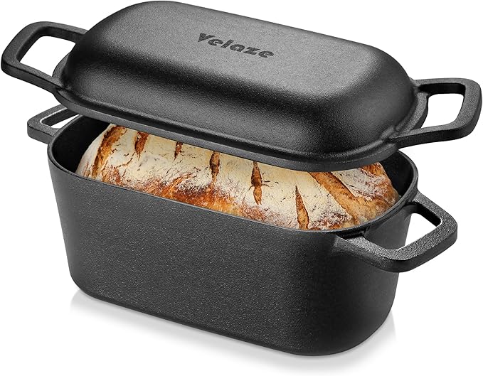 Velaze 3.6QT Dutch Oven for Bread Baking,Oval Cast Iron Bread Oven Pan with Lid and Offset Handles,Oven Safe to 500°F for Homemade Sourdough Bread(Black)
