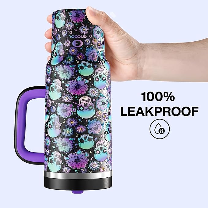 ENCOOL 40 oz Tumbler with Handle and Straw: Stainless Steel Insulated Tumbler Keeps Cold for 24 Hours, Leakproof Travel Cup Fits in Cup Holder and BPA-Free, Floral Afterlife