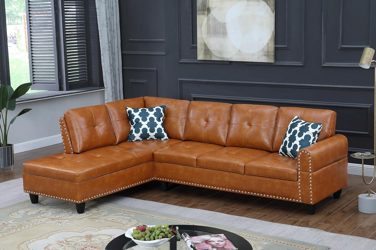 Ball & Cast 98" L Shaped Sectional Couch for Living Room with Chaise & Nailhead Trim,4 Seat Faux Leather Upholstered Modular Sectional Sofa Set 2 PCS W/Cup Holder & Coffee Table,for Home,Office,Ginger