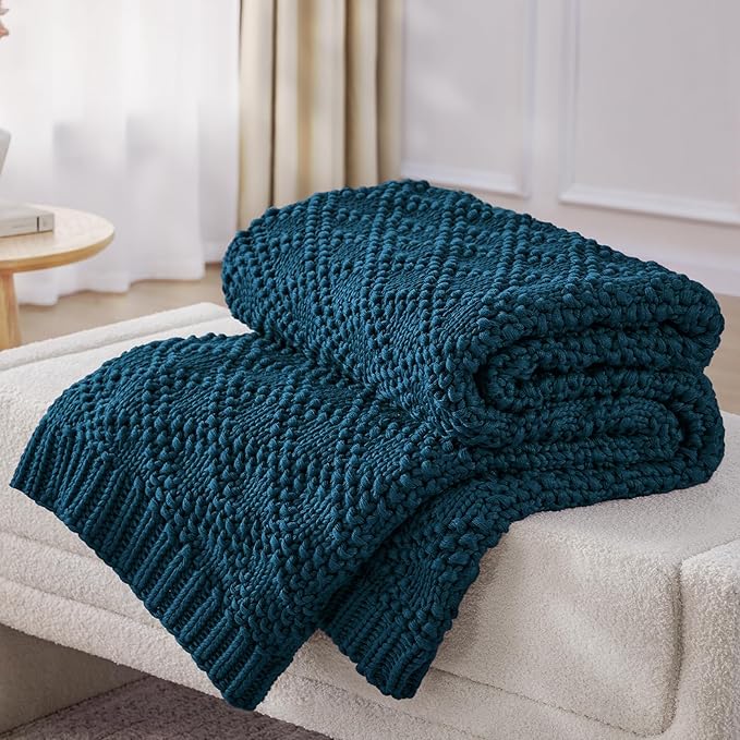 Knitted Weighted Blanket for Adult, Chunky Knit Weighted Throw for Sleep 60"*80" 17lbs, Cooling Breathable Machine Washable Heavy Blanket for Room Decor (Peacock, Queen)