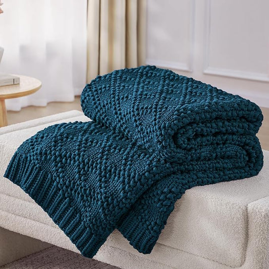 Knitted Weighted Blanket for Adult, Chunky Knit Weighted Throw for Sleep 60"*80" 17lbs, Cooling Breathable Machine Washable Heavy Blanket for Room Decor (Peacock, Queen)