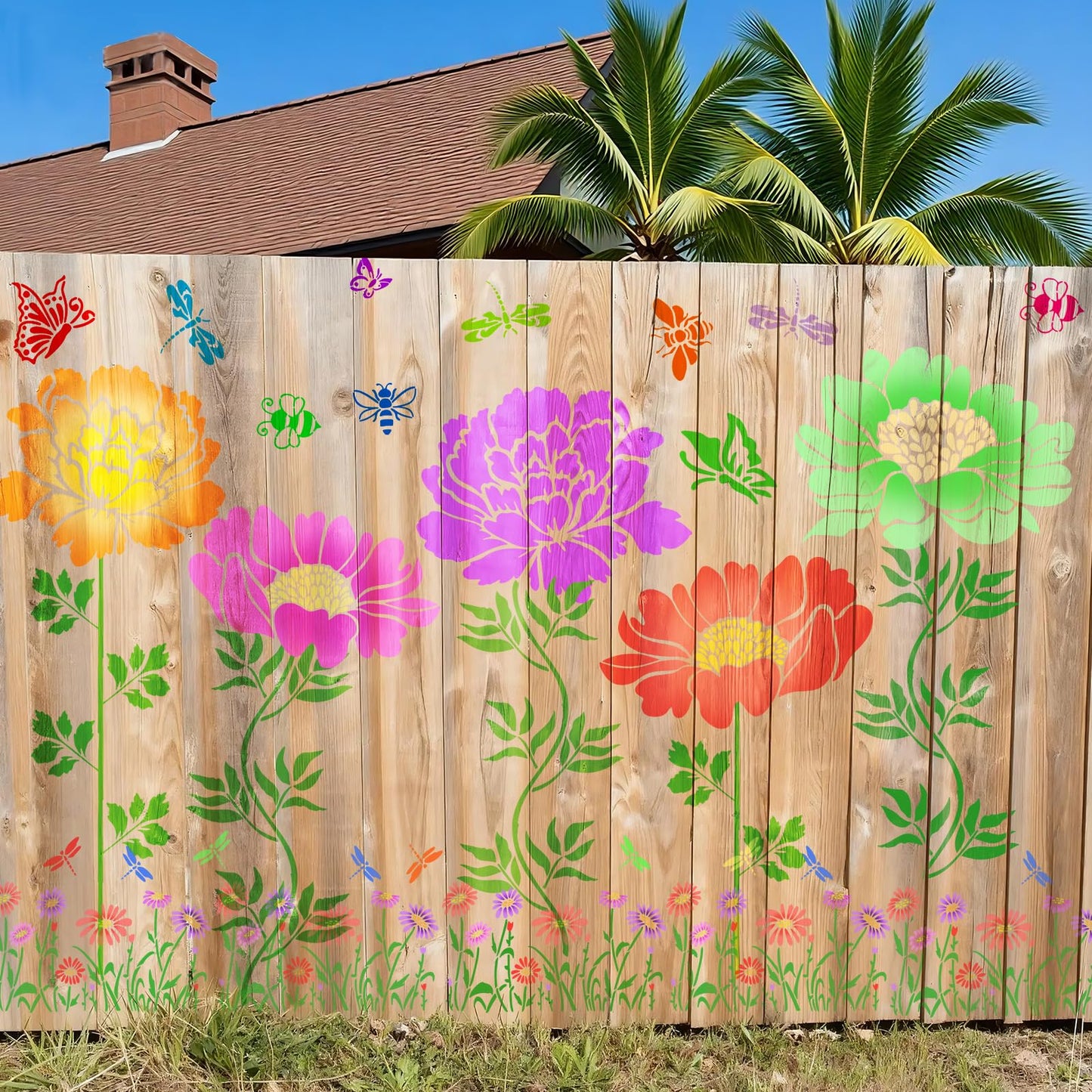 12Pcs Large Flower Stencils for Painting on Wood Fence, 14 Inch Reusable Fence Stencil, Peony Floral Stencils on Wall Wood Floor Canvas Paper Furniture Fabric