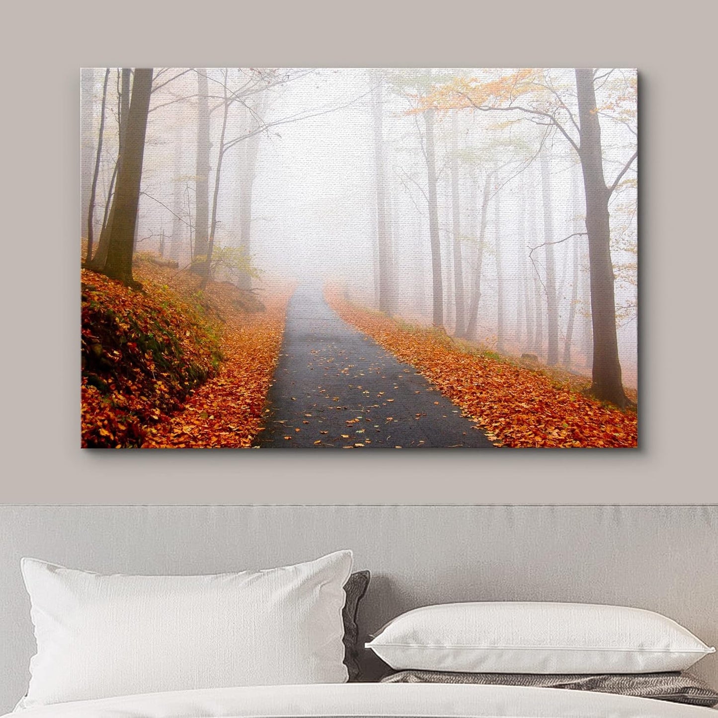 wall26 Canvas Print Wall Art Foggy Autumn Forest Path with Orange Leaves Nature Wilderness Photography Modern Art Rustic Scenic Colorful Multicolor for Living Room, Bedroom, Office - 12"x18"