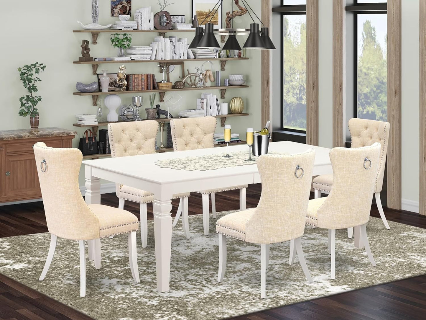East West Furniture LGDA7-LWH-32 7 Piece Dinette Set Contains a Rectangle Dining Table with Butterfly Leaf and 6 Polyester Fabric Upholstered Chairs, 42x84 Inch, linen white