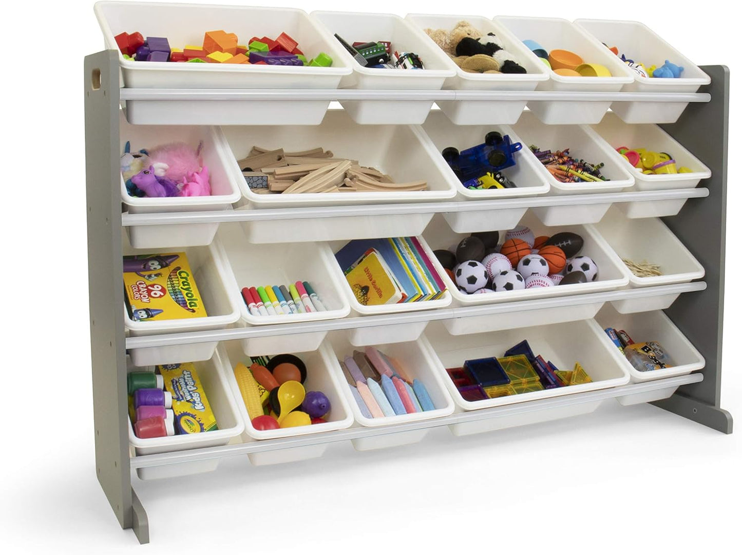 Humble Crew Extra-Large Toy Organizer with 20 Plastic Bins – Grey/White Storage Rack with 4-Tier Shelves, Anti-Tip Safety, for Kids’ Rooms, Playrooms, Nurseries & Classrooms