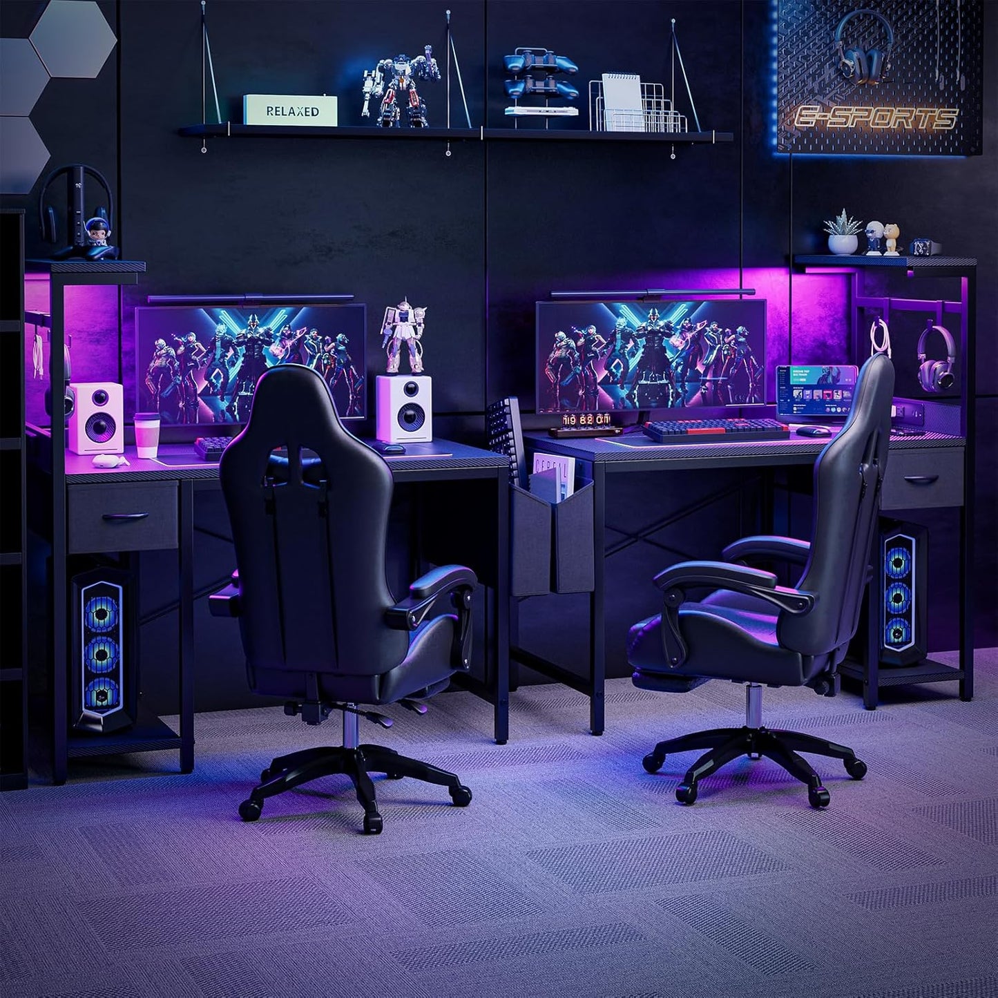 Gaming Desk 47 Inch with Power Outlet and LED Light, Computer Desk with Reversible Shelves and Storage Drawer, Pc Small Desk for Home Office Table with Bag, Carbon Fiber Black