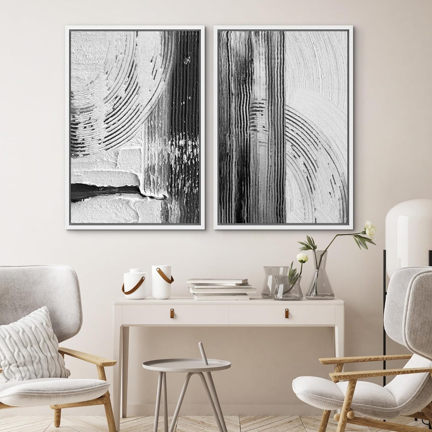 SIGNWIN Framed Canvas Print Wall Art Set Black White Industrial Paint Strokes Abstract Shapes Illustrations Modern Art Minimal Decorative Nordic for Living Room, Bedroom, Office - 24"x36"x2 White