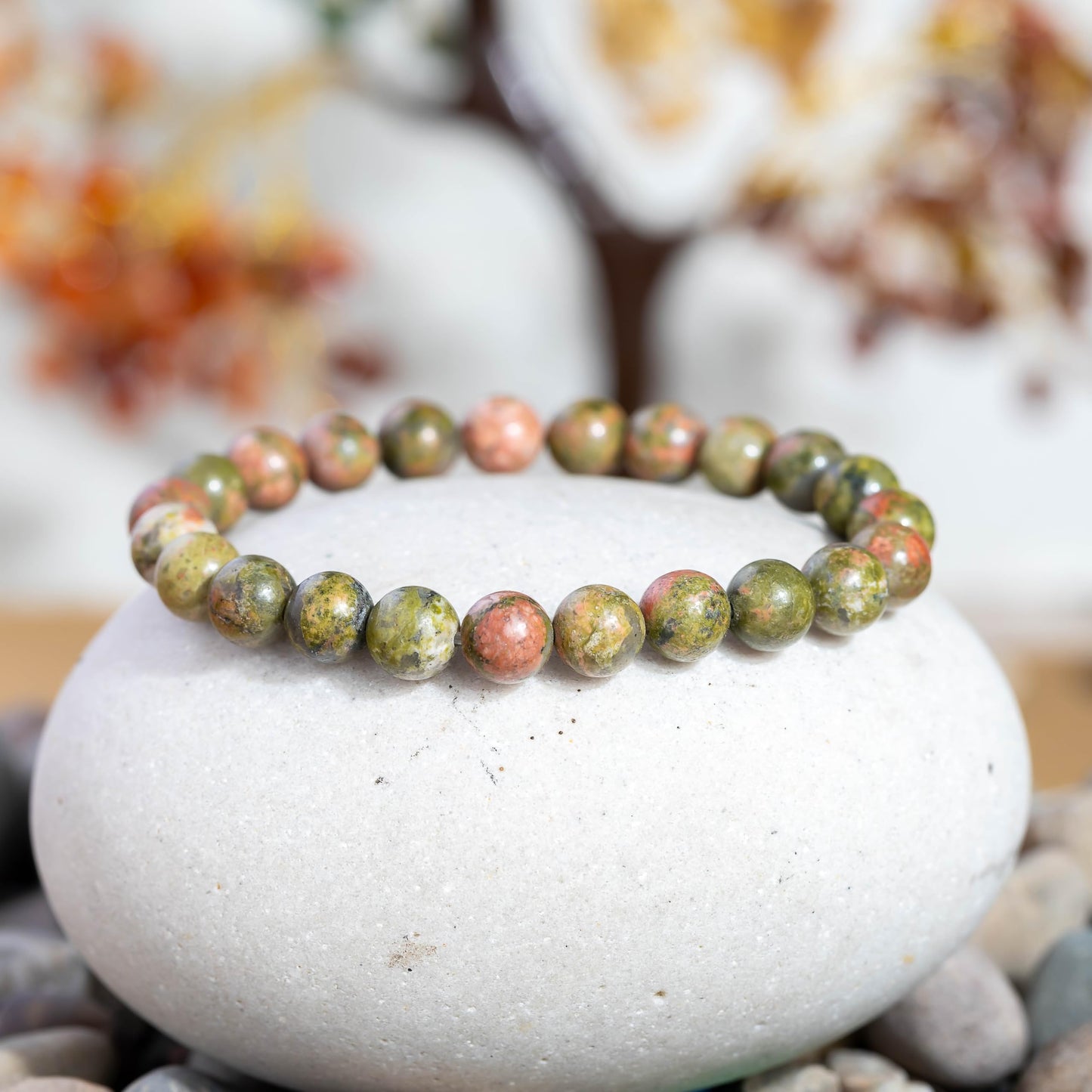 RIYAURA UNAKITE Healing Bracelet – 8mm Natural Gemstone Beads, Stretch Elastic Bracelet for Women & Men
